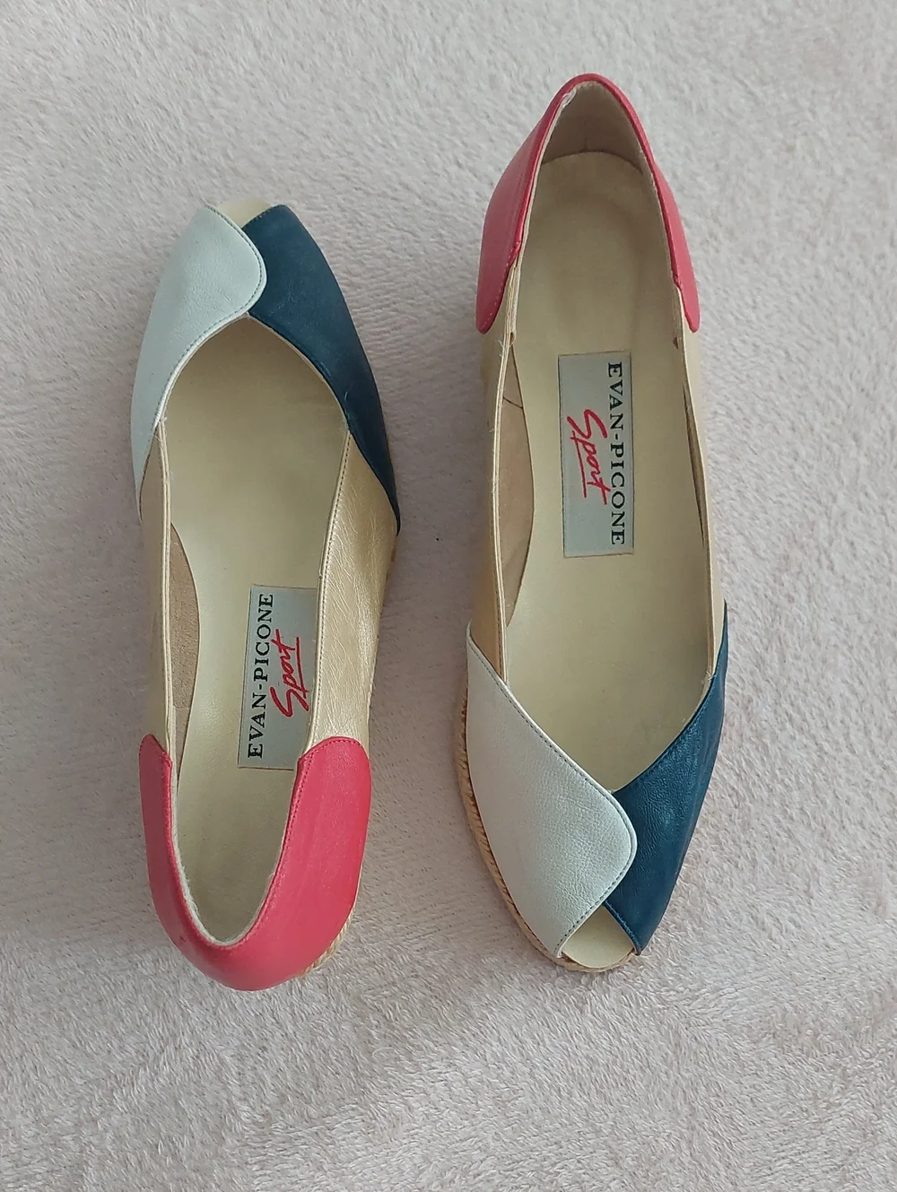 EVAN PICONE SPORT Peep-Toe Espadrille Wedges in Colors Navy, Gold, White & Red